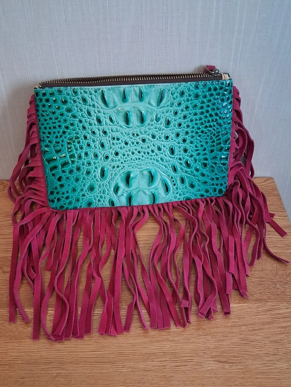 L & B Teal Croc-Embossed Fringe Clutch - Women